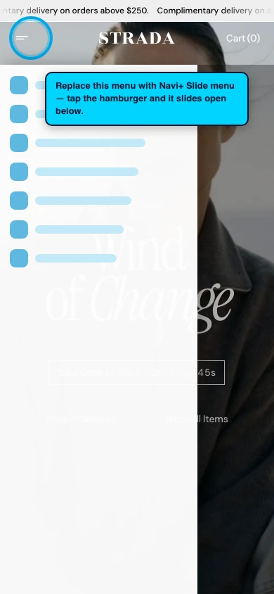 Navi+ Slide Menu on the Strada Shopify theme Navi+ Slide Menu on the Strada Shopify theme