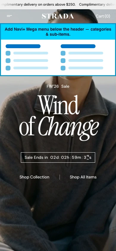 Navi+ mobile Mega Menu on the Strada Shopify theme Navi+ mobile Mega Menu on the Strada Shopify theme