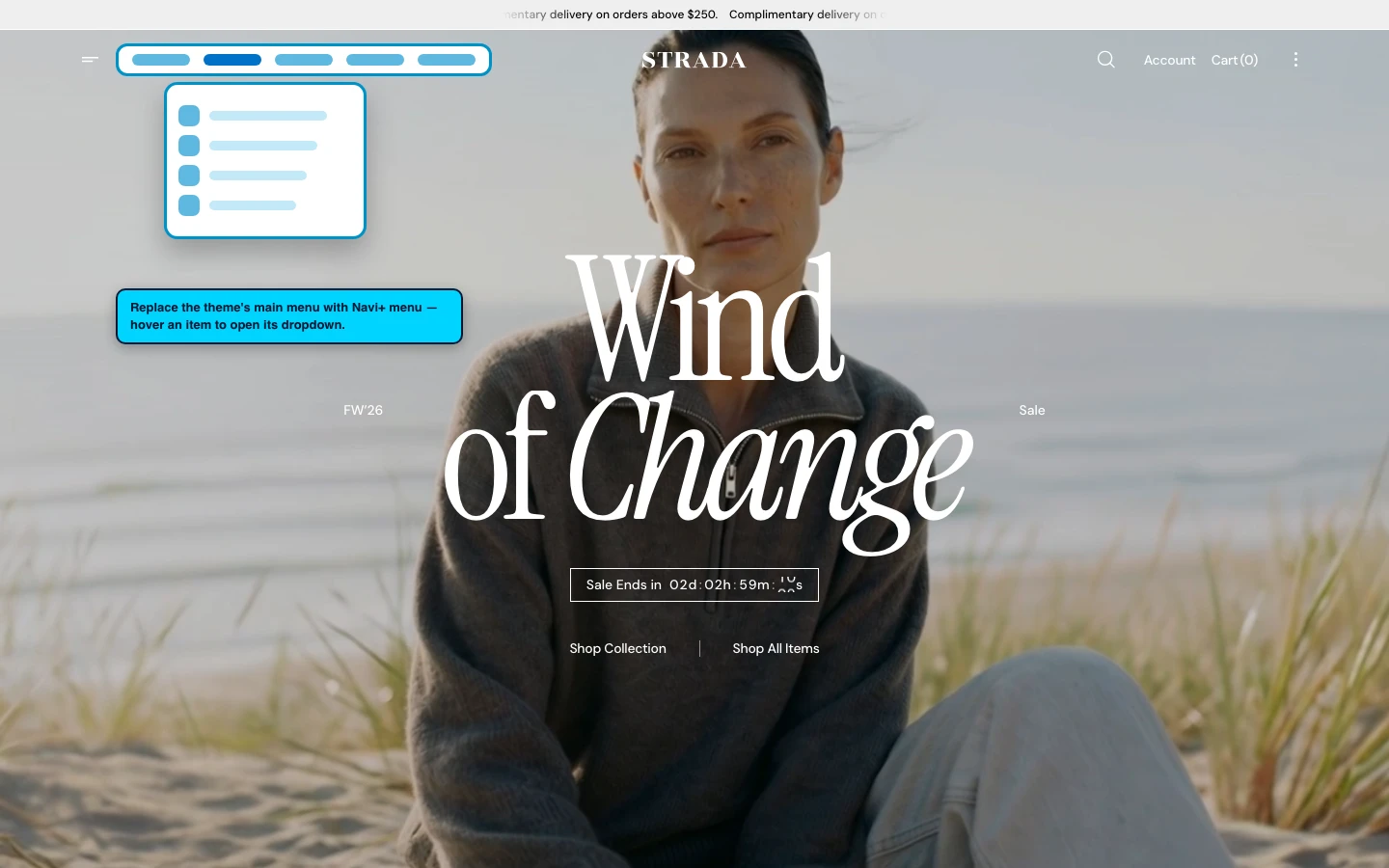 Navi+ Mega Menu replacing the desktop menu on the Strada Shopify theme Navi+ Mega Menu replacing the desktop menu on the Strada Shopify theme