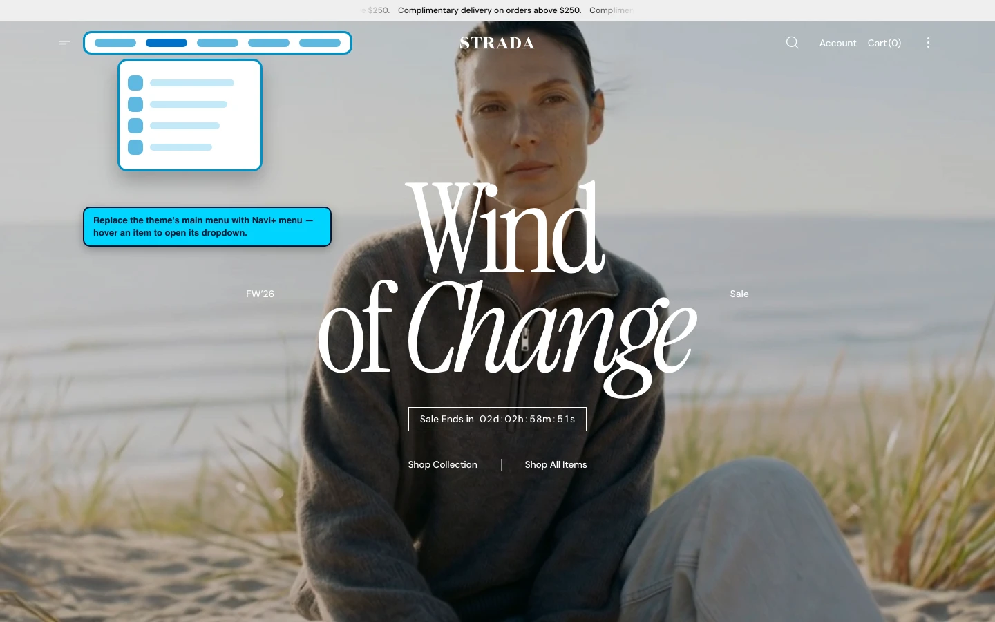 Navi+ Mega Menu replacing the desktop menu on the Strada Shopify theme Navi+ Mega Menu replacing the desktop menu on the Strada Shopify theme