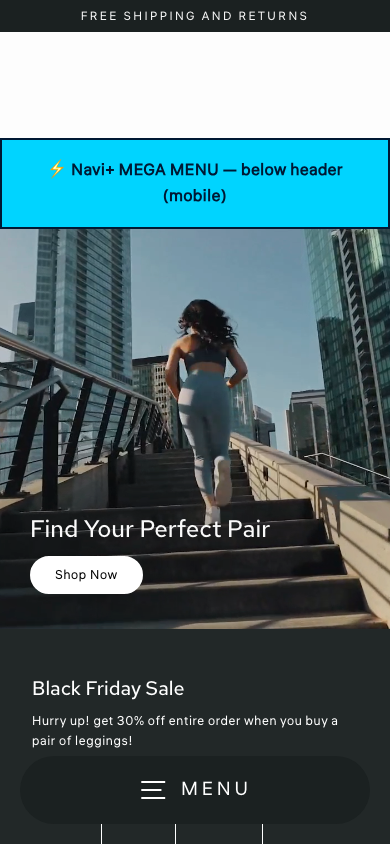 Menu inserted below header — Navi+ on the Streamline Shopify theme Menu inserted below header — Navi+ on the Streamline Shopify theme