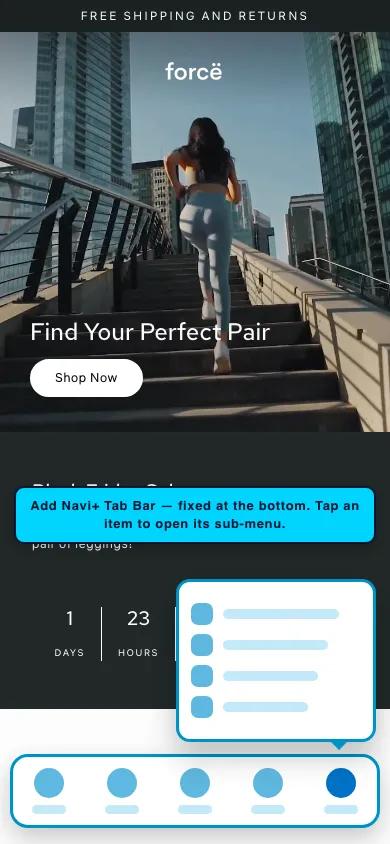 Navi+ Tab Bar on the Streamline Shopify theme