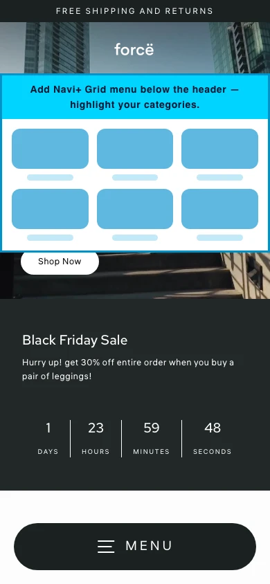 Navi+ Grid Menu on the Streamline Shopify theme Navi+ Grid Menu on the Streamline Shopify theme