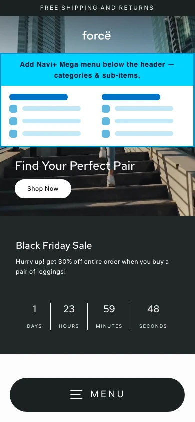 Navi+ mobile Mega Menu on the Streamline Shopify theme Navi+ mobile Mega Menu on the Streamline Shopify theme