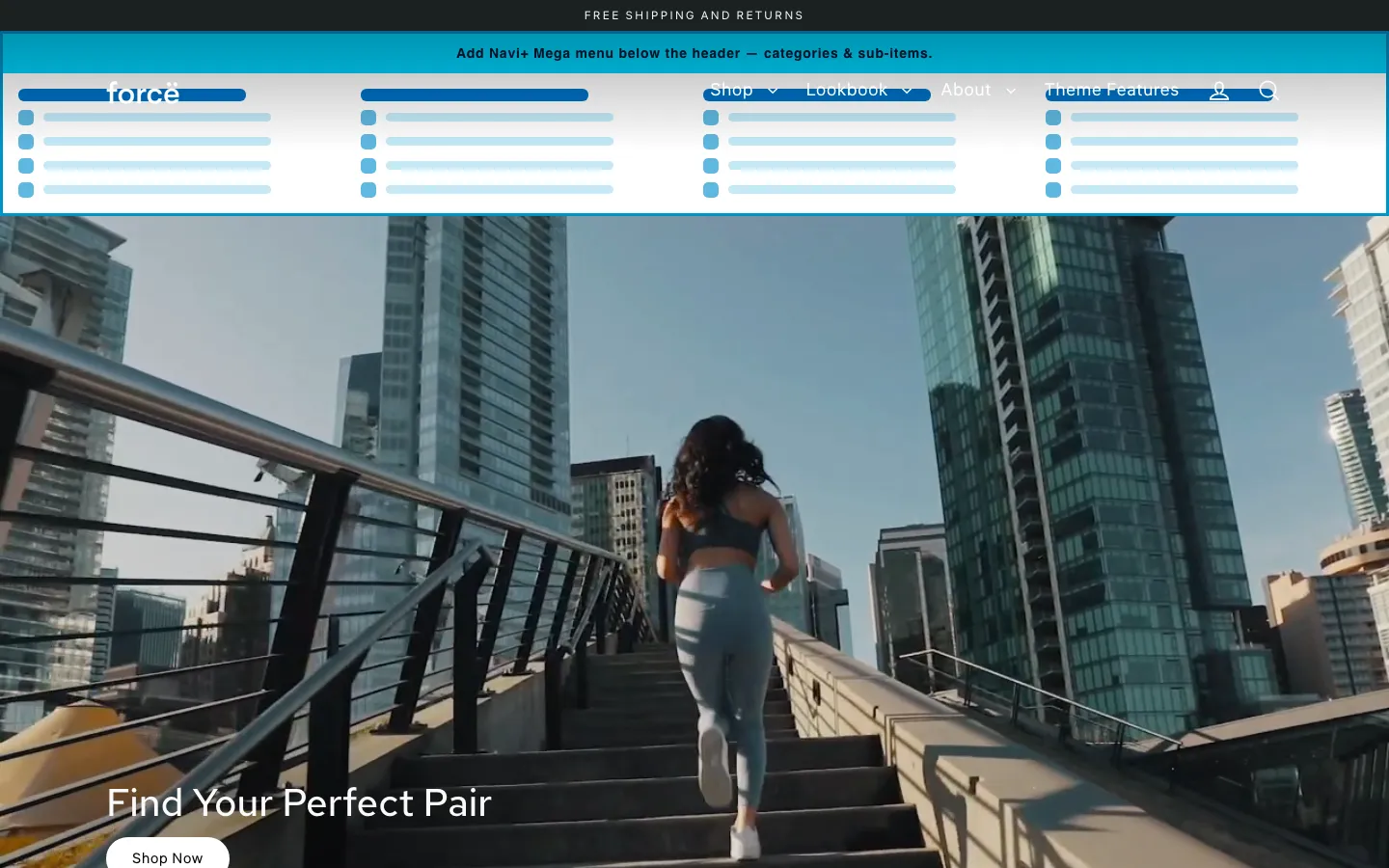 Navi+ Mega Menu inserted below the header on the Streamline Shopify theme
