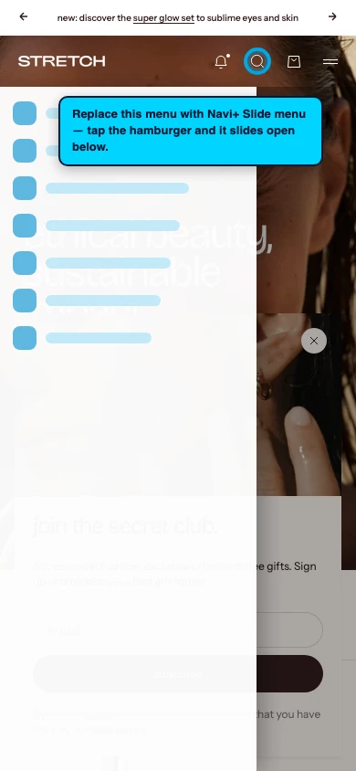 Navi+ Slide Menu on the Stretch Shopify theme Navi+ Slide Menu on the Stretch Shopify theme
