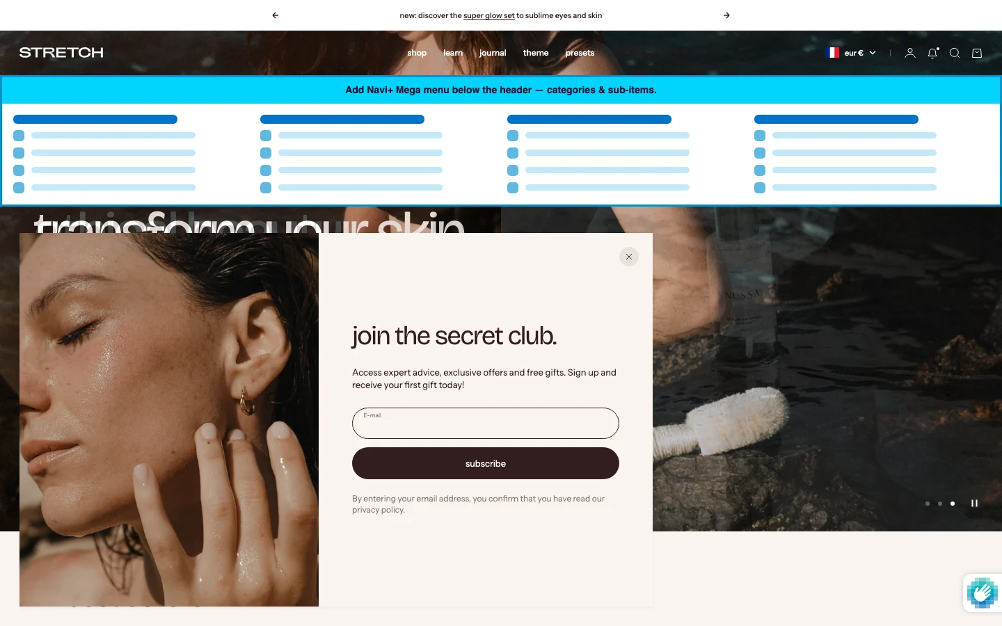 Navi+ Mega Menu inserted below the header on the Stretch Shopify theme Navi+ Mega Menu inserted below the header on the Stretch Shopify theme