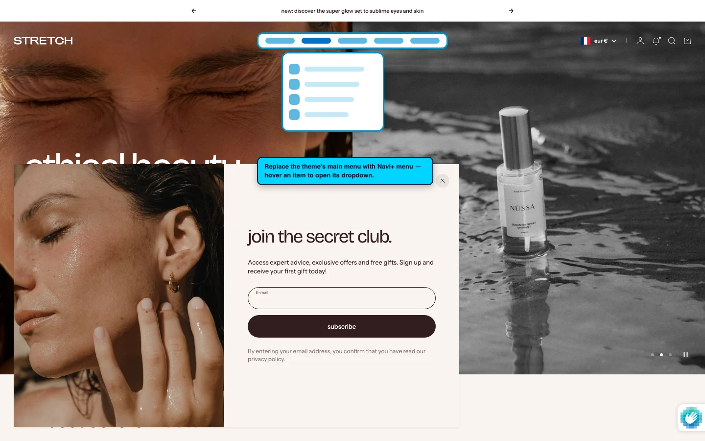 Navi+ Mega Menu replacing the desktop menu on the Stretch Shopify theme Navi+ Mega Menu replacing the desktop menu on the Stretch Shopify theme