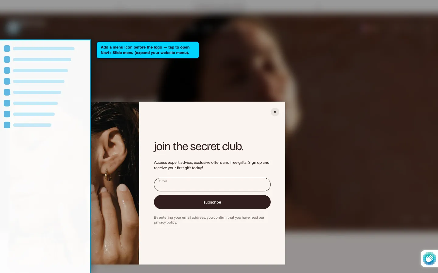 Navi+ trigger icon before the logo on the Stretch Shopify theme Navi+ trigger icon before the logo on the Stretch Shopify theme