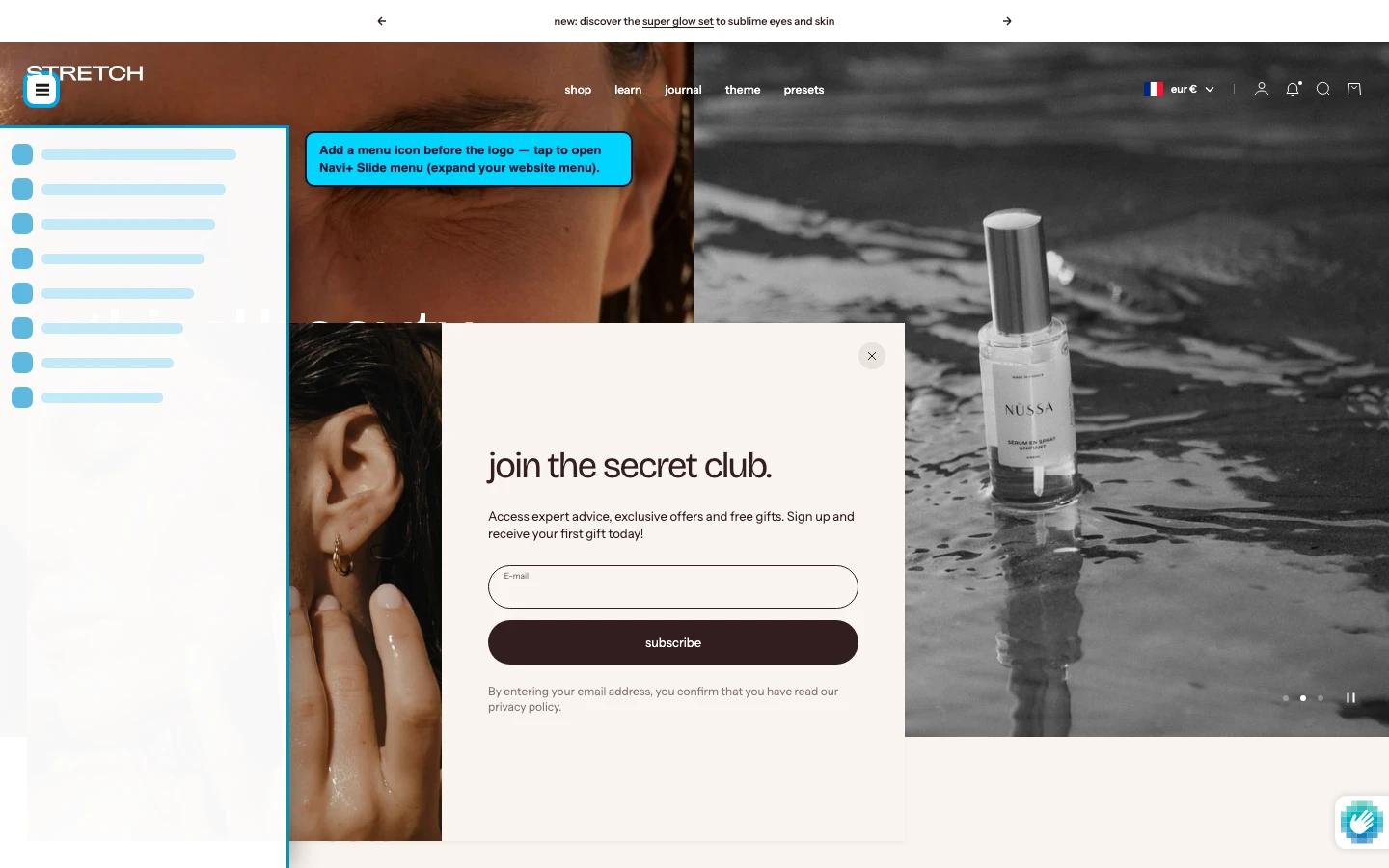 Navi+ trigger icon before the logo on the Stretch Shopify theme Navi+ trigger icon before the logo on the Stretch Shopify theme