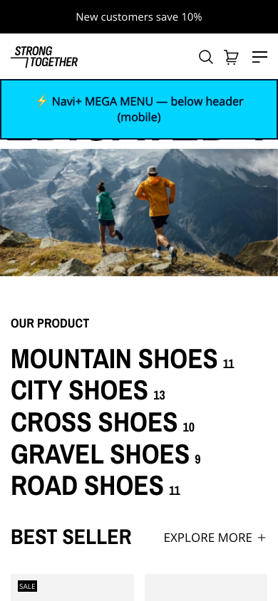 Menu inserted below header — Navi+ on the Strong Shopify theme Menu inserted below header — Navi+ on the Strong Shopify theme