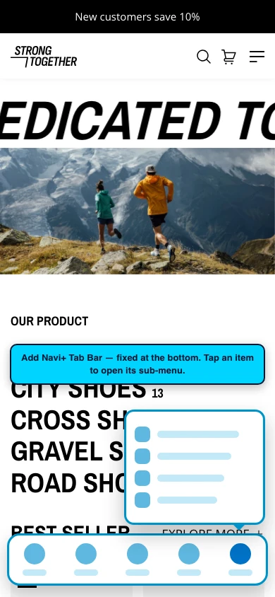 Navi+ Tab Bar on the Strong Shopify theme Navi+ Tab Bar on the Strong Shopify theme