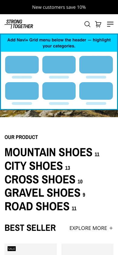 Navi+ Grid Menu on the Strong Shopify theme Navi+ Grid Menu on the Strong Shopify theme