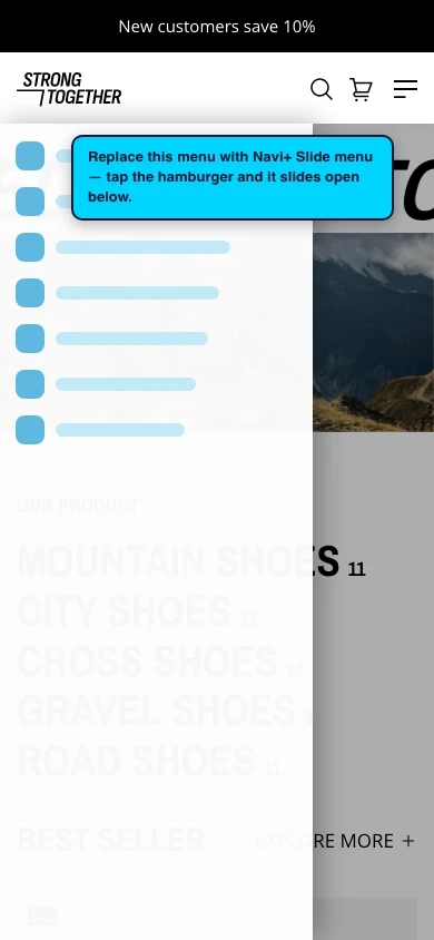 Navi+ Slide Menu on the Strong Shopify theme Navi+ Slide Menu on the Strong Shopify theme