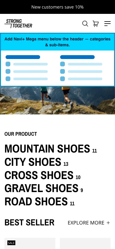 Navi+ mobile Mega Menu on the Strong Shopify theme Navi+ mobile Mega Menu on the Strong Shopify theme