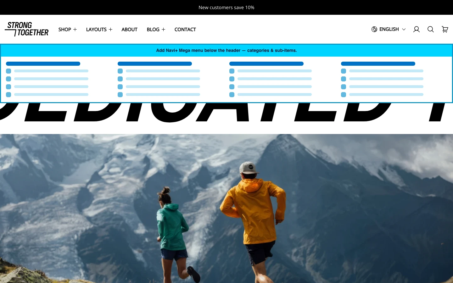 Navi+ Mega Menu inserted below the header on the Strong Shopify theme Navi+ Mega Menu inserted below the header on the Strong Shopify theme