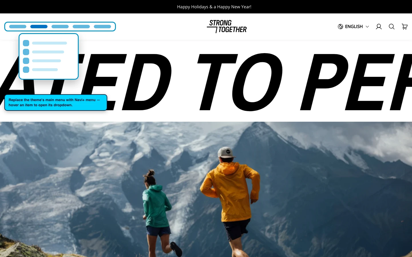 Navi+ Mega Menu replacing the desktop menu on the Strong Shopify theme Navi+ Mega Menu replacing the desktop menu on the Strong Shopify theme