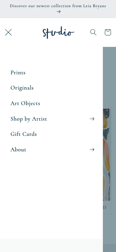 Hamburger → panel opened — Navi+ on the Studio Shopify theme