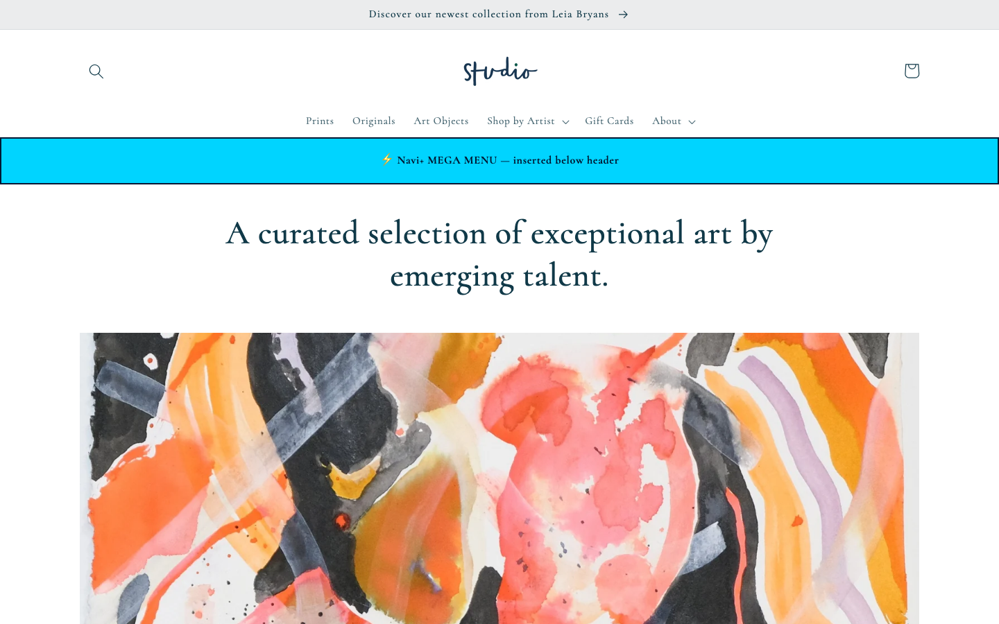 Menu inserted below header — Navi+ on the Studio Shopify theme