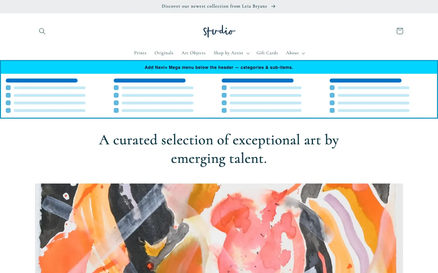 Navi+ Mega Menu inserted below the header on the Studio Shopify theme Navi+ Mega Menu inserted below the header on the Studio Shopify theme