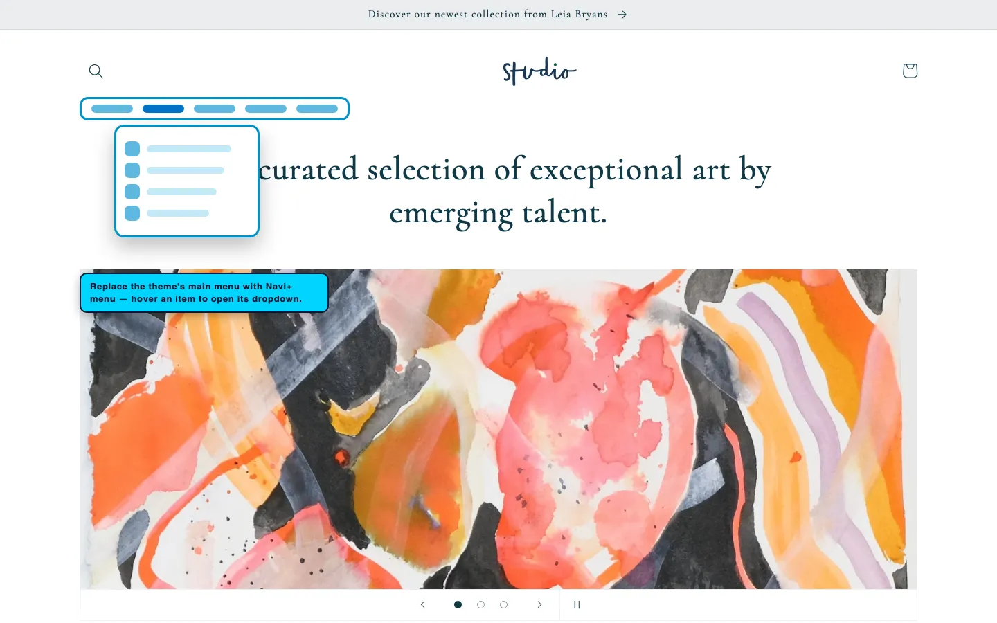 Navi+ Mega Menu replacing the desktop menu on the Studio Shopify theme