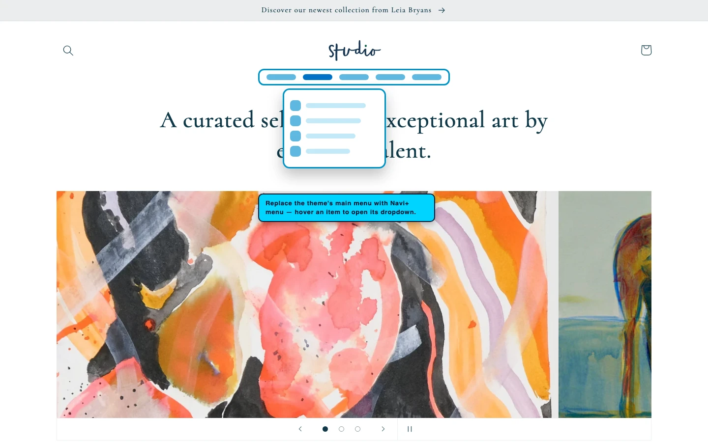 Navi+ Mega Menu replacing the desktop menu on the Studio Shopify theme Navi+ Mega Menu replacing the desktop menu on the Studio Shopify theme