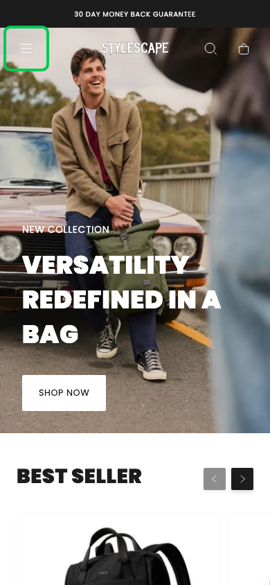 Hamburger → panel opened — Navi+ on the Stylescape Shopify theme Hamburger → panel opened — Navi+ on the Stylescape Shopify theme