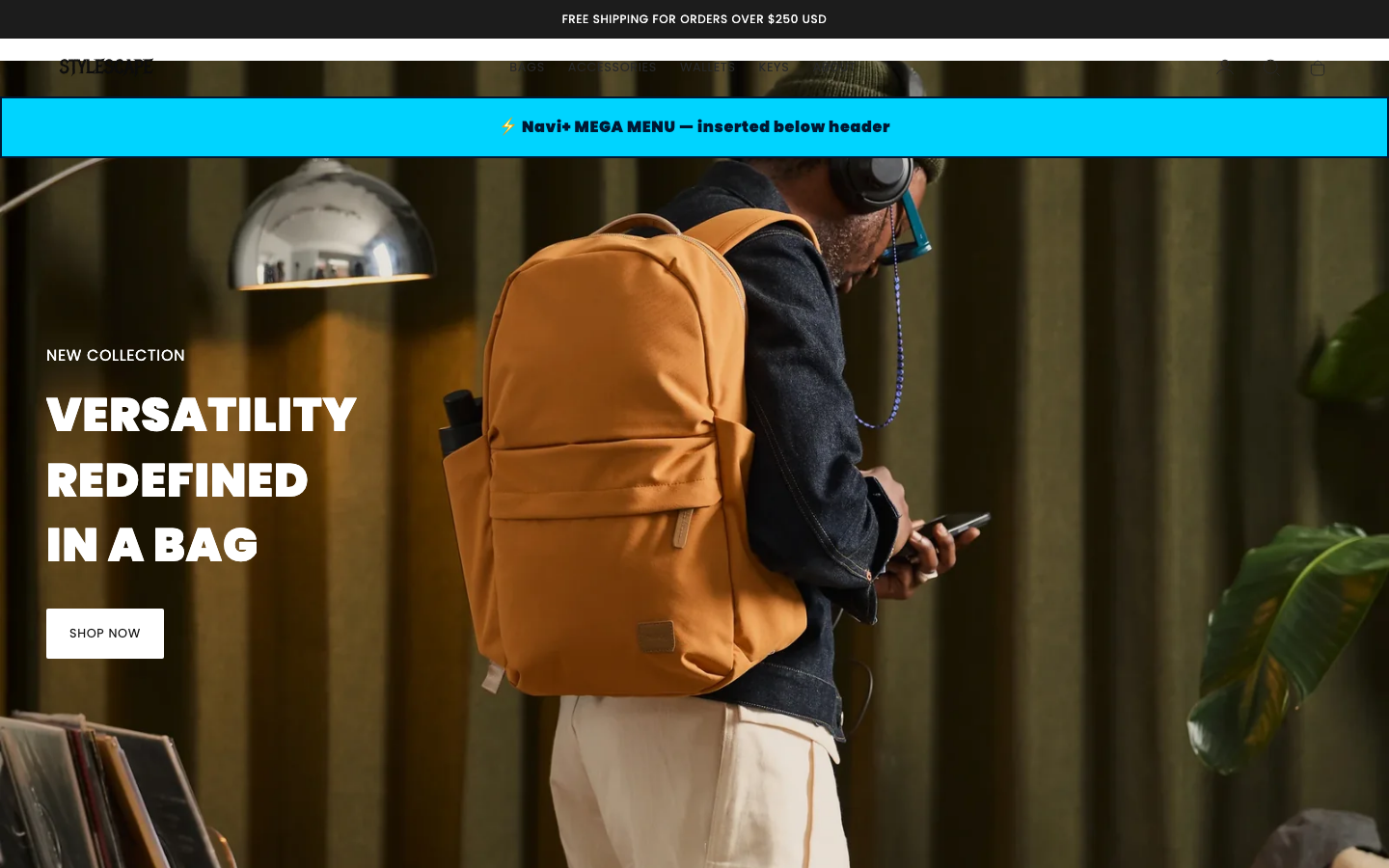 Menu inserted below header — Navi+ on the Stylescape Shopify theme Menu inserted below header — Navi+ on the Stylescape Shopify theme