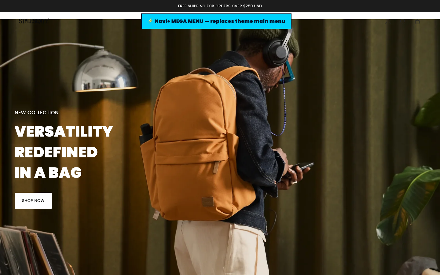 Replace main menu — Navi+ on the Stylescape Shopify theme Replace main menu — Navi+ on the Stylescape Shopify theme