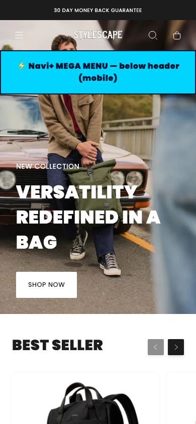 Menu inserted below header — Navi+ on the Stylescape Shopify theme Menu inserted below header — Navi+ on the Stylescape Shopify theme