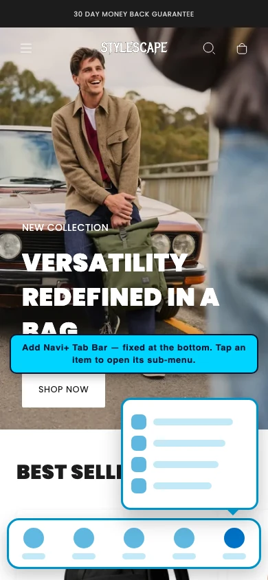 Navi+ Tab Bar on the Stylescape Shopify theme Navi+ Tab Bar on the Stylescape Shopify theme