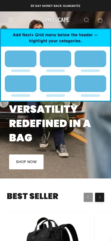 Navi+ Grid Menu on the Stylescape Shopify theme Navi+ Grid Menu on the Stylescape Shopify theme
