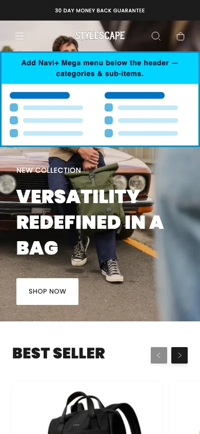 Navi+ mobile Mega Menu on the Stylescape Shopify theme Navi+ mobile Mega Menu on the Stylescape Shopify theme