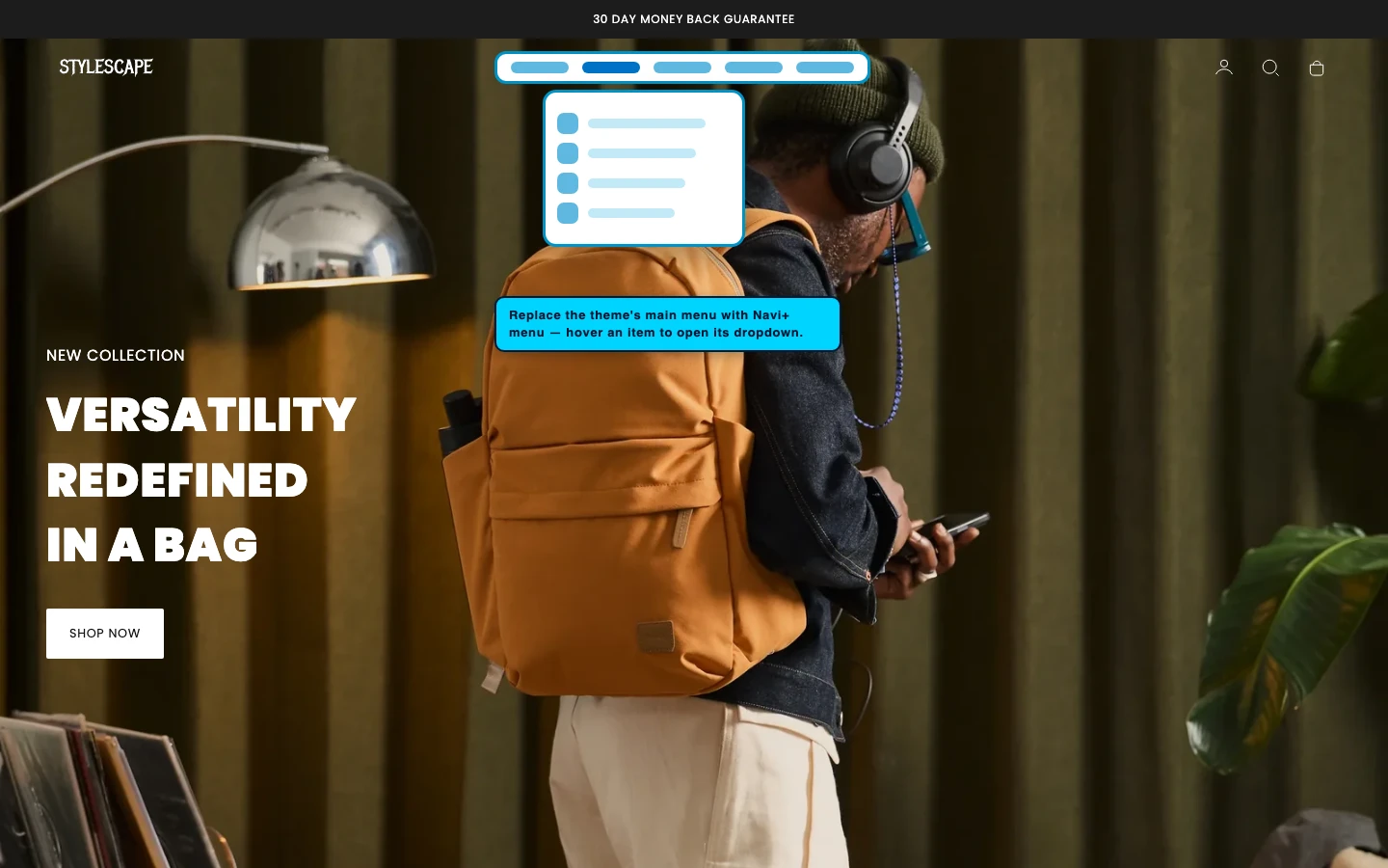 Navi+ Mega Menu replacing the desktop menu on the Stylescape Shopify theme Navi+ Mega Menu replacing the desktop menu on the Stylescape Shopify theme