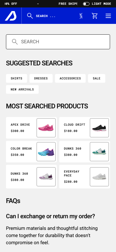 Search → panel opened — Navi+ on the Styra Shopify theme Search → panel opened — Navi+ on the Styra Shopify theme