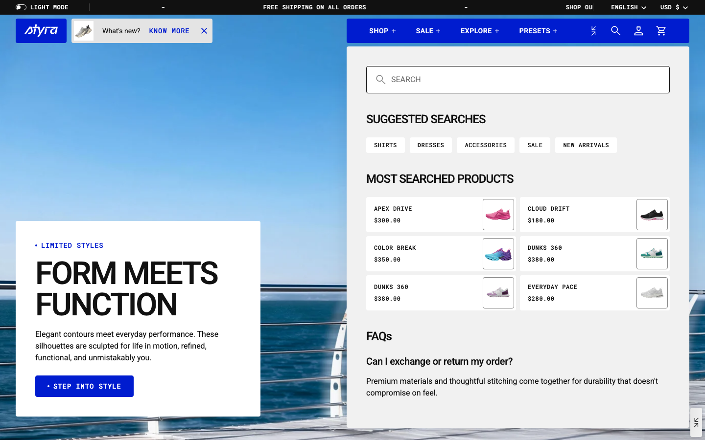 Search → panel opened — Navi+ on the Styra Shopify theme Search → panel opened — Navi+ on the Styra Shopify theme