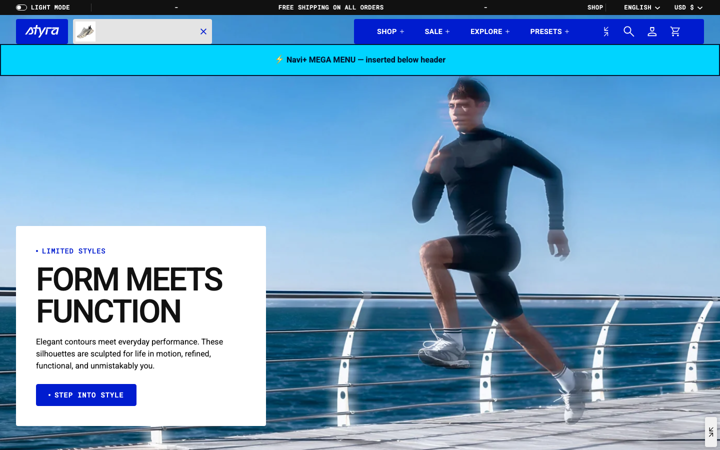 Menu inserted below header — Navi+ on the Styra Shopify theme Menu inserted below header — Navi+ on the Styra Shopify theme