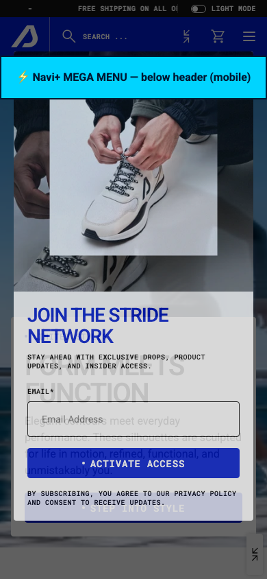 Menu inserted below header — Navi+ on the Styra Shopify theme Menu inserted below header — Navi+ on the Styra Shopify theme