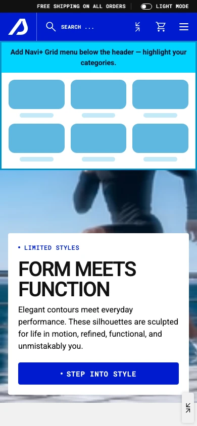 Navi+ Grid Menu on the Styra Shopify theme Navi+ Grid Menu on the Styra Shopify theme