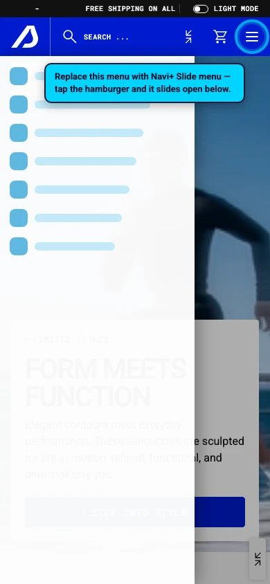 Navi+ Slide Menu on the Styra Shopify theme Navi+ Slide Menu on the Styra Shopify theme