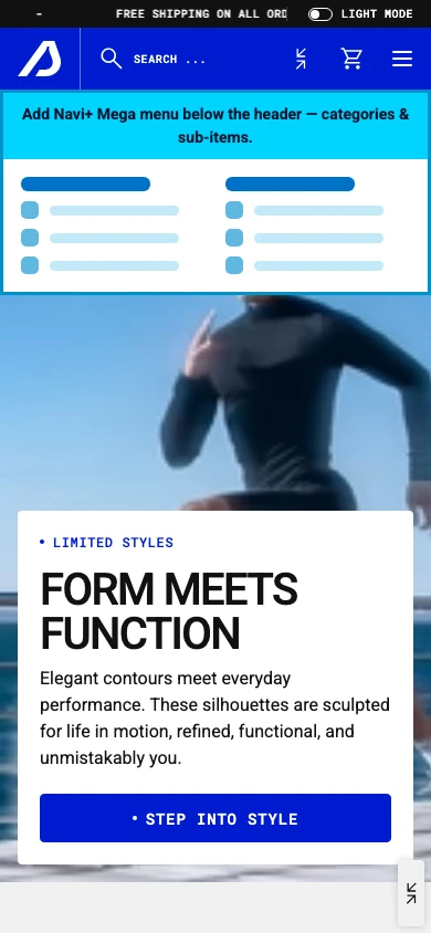 Navi+ mobile Mega Menu on the Styra Shopify theme Navi+ mobile Mega Menu on the Styra Shopify theme