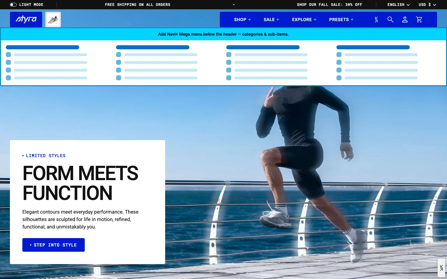 Navi+ Mega Menu inserted below the header on the Styra Shopify theme Navi+ Mega Menu inserted below the header on the Styra Shopify theme