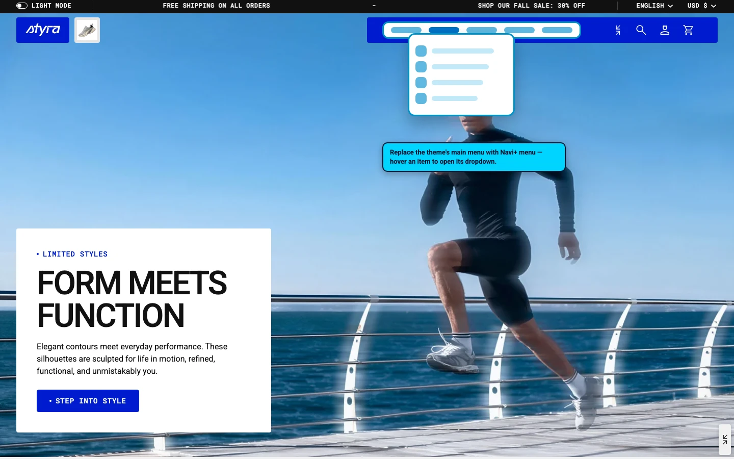 Navi+ Mega Menu replacing the desktop menu on the Styra Shopify theme Navi+ Mega Menu replacing the desktop menu on the Styra Shopify theme