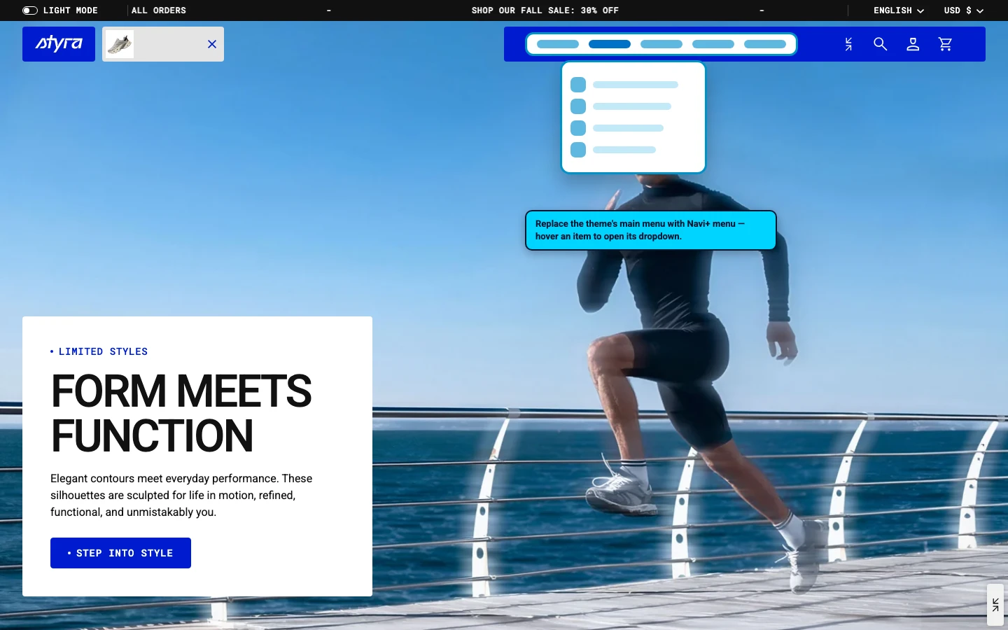 Navi+ Mega Menu replacing the desktop menu on the Styra Shopify theme Navi+ Mega Menu replacing the desktop menu on the Styra Shopify theme