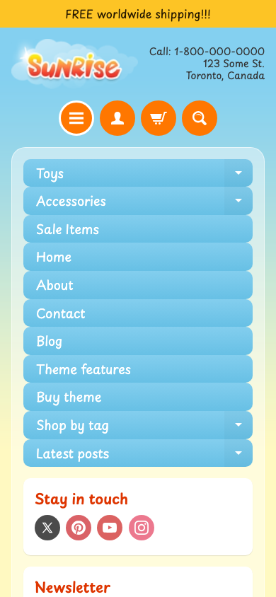 Hamburger → panel opened — Navi+ on the Sunrise Shopify theme