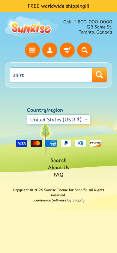 Search → panel opened — Navi+ on the Sunrise Shopify theme