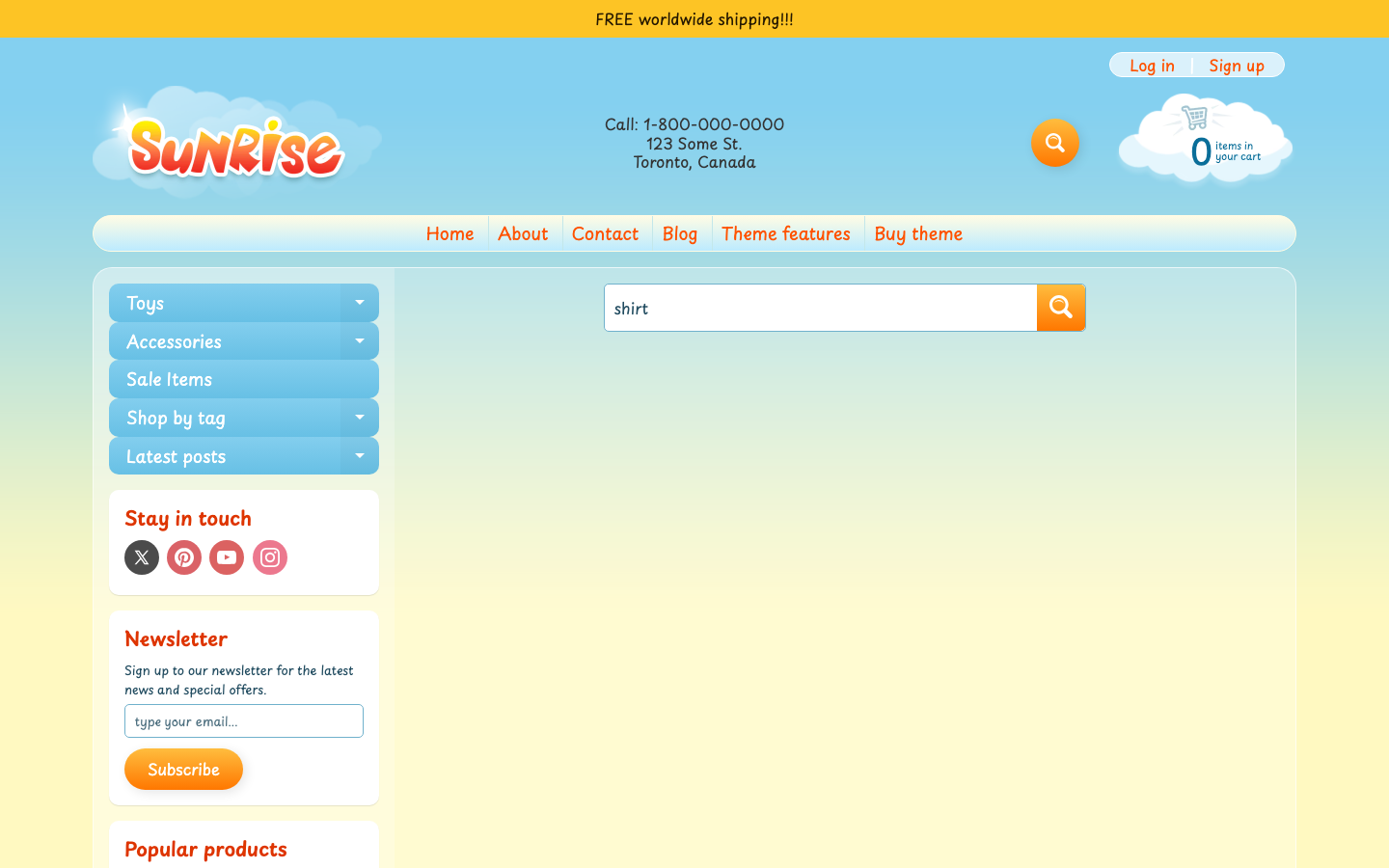 Search → panel opened — Navi+ on the Sunrise Shopify theme