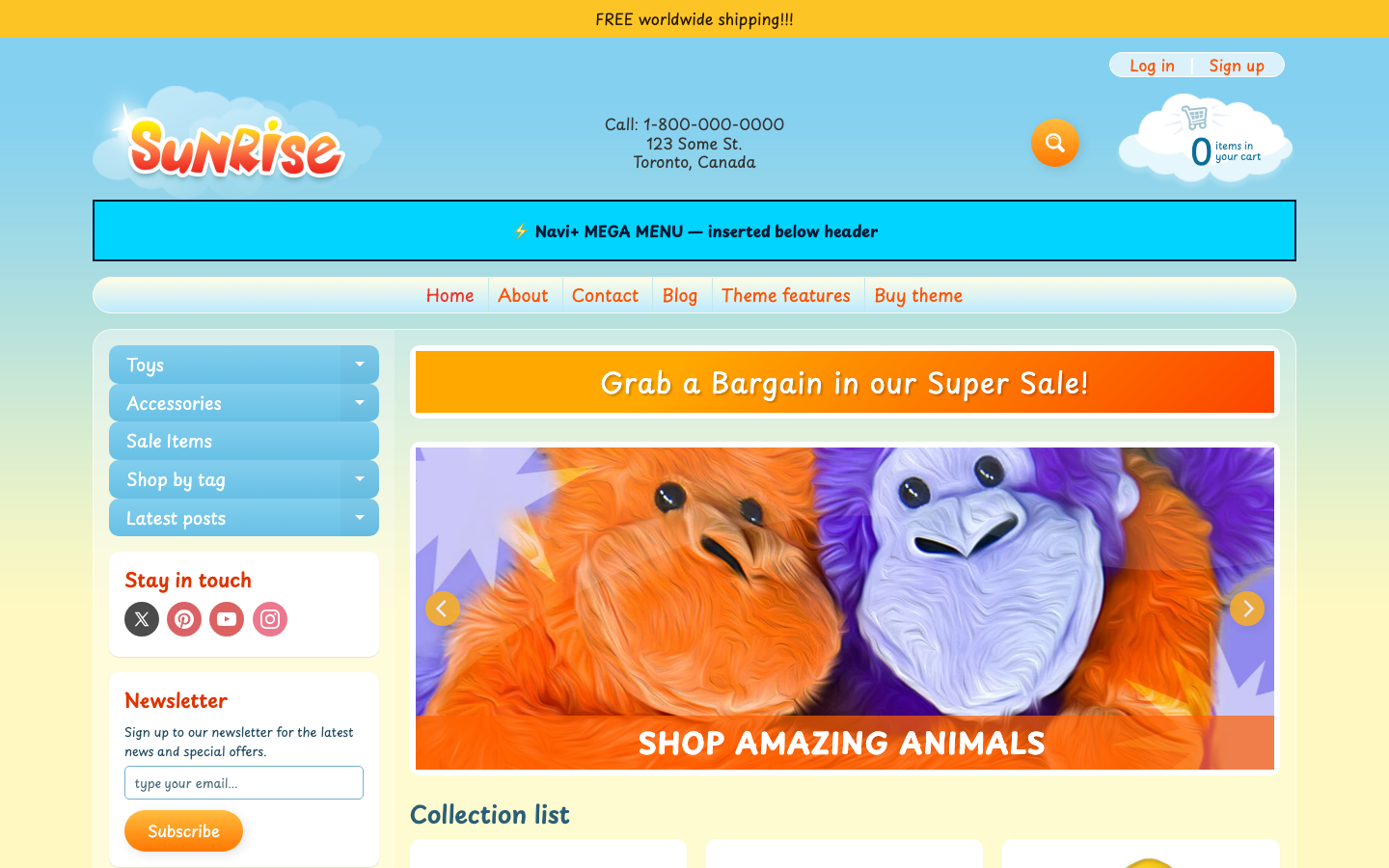 Menu inserted below header — Navi+ on the Sunrise Shopify theme