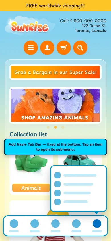Navi+ Tab Bar on the Sunrise Shopify theme Navi+ Tab Bar on the Sunrise Shopify theme