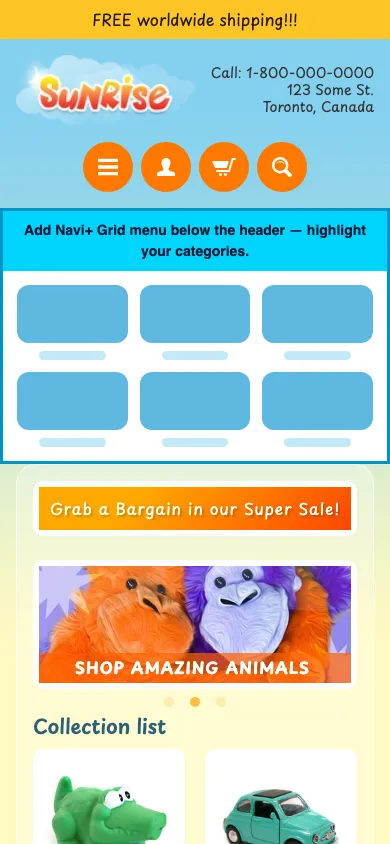 Navi+ Grid Menu on the Sunrise Shopify theme Navi+ Grid Menu on the Sunrise Shopify theme